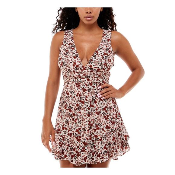 B DARLIN Womens Stretch Sleeveless Surplice Neckline Mini Fit + Flare Dress - Picture 1 of 1